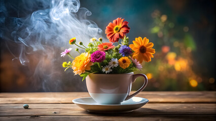 A coffee mug growing flowers made of steam, bold cheerful palette