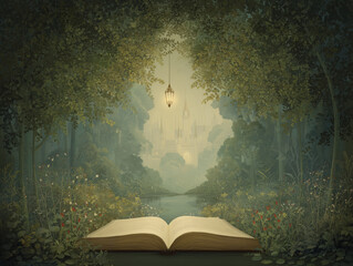 Fototapeta premium Open book with magical fairytale world, castle and trees, storytelling and imagination concept, surreal artistic illustration
