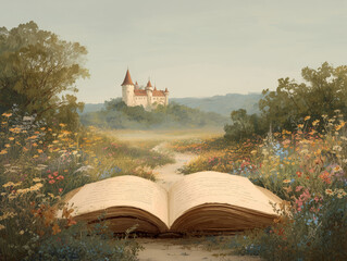 Open book of fairy tales and stories. Fairyland book with a magical castle. Fantastic reading world. Reading and imagination concept