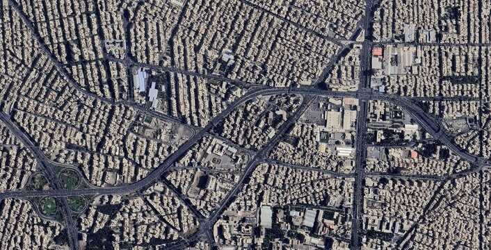 Satellite view of Tehran city infrastructure and urban landscape in Iran