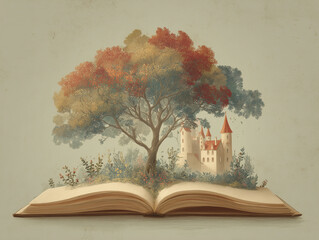 Obraz premium Open book with fairy tale castle and nature, storytelling concept, imagination and dreamy. Creative fantasy illustration, watercolor art