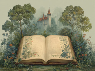 Open book of fairy tales. Fairyland book with a magical castle. Reading and imagination concept	