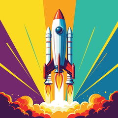 Obraz premium Retro Rocket Launching with Colorful Explosions and Rays
