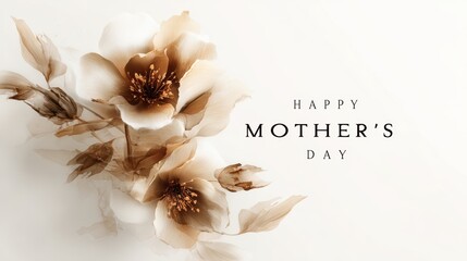 Mothers Day, Valentines Day, love holiday theme. A white background with a vibrant bouquet of white and brown flowers, accompanied by the text Happy Mothers Day in a stylish font.