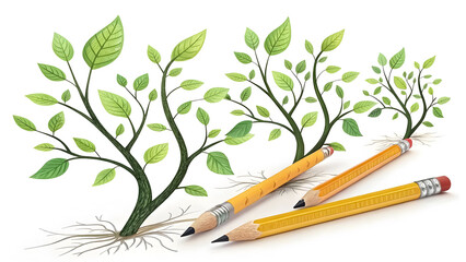 Multiple pencils sprouting leaves like growing trees