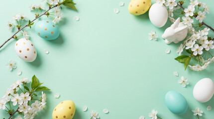 Yellow and pastel-colored Easter eggs with a white ceramic bunny surrounded by spring blossoms on a blue background