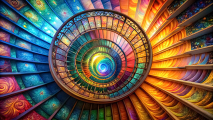 A staircase spiraling into a burst of colors, surreal imagination concept