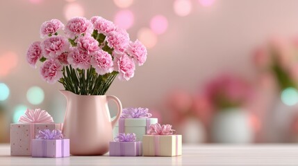 Mothers Day, Valentines Day, love holiday theme. A still life of a vase filled with pink carnations and several wrapped presents on a table. The background is slightly blurred.