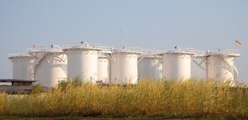 Group of storage fuel crude oil tanks in petroleum industrial refinery area against blue clear sky background, low angle view with copy space
