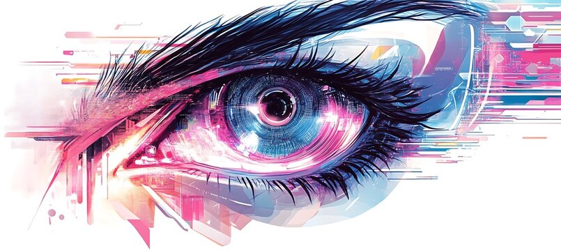 A cybernetic eye with data flowing around - Powered by Adobe