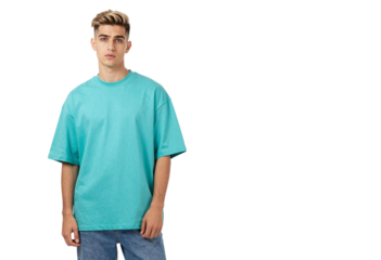 Young man wearing an oversized turquoise t-shirt and blue jeans standing front-facing against a transparent background in a casual fashion portrait