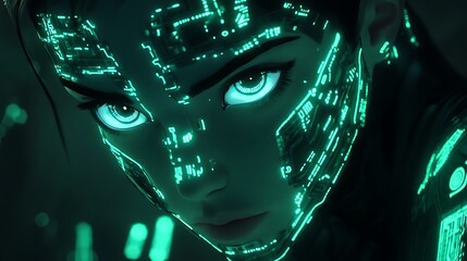 A cybernetic face with a digital glow