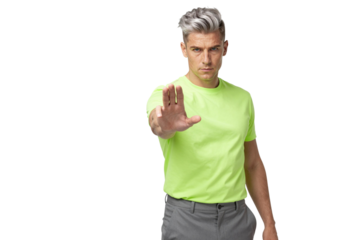 Mature man in neon green T-shirt holds out hand in a stop gesture with a serious expression, gray hair, standing against a transparent background