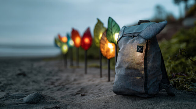 A sustainable travel backpack made from recycled ocean plastics, set against a serene beach backdrop