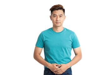 Fototapeta premium Young man wearing a turquoise T-shirt and jeans stands against a transparent background with hands clasped, short styled hair and a neutral expression, photographed in a clean studio portrait