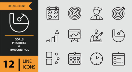 Goals, priorities, and time control: a comprehensive set of editable line icons for business planning