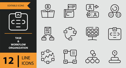A collection of 12 editable line icons for task and workflow organization