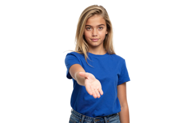 Teen girl in a blue t-shirt and jeans stands against a transparent background extending her hand forward in a friendly offering or handshake gesture