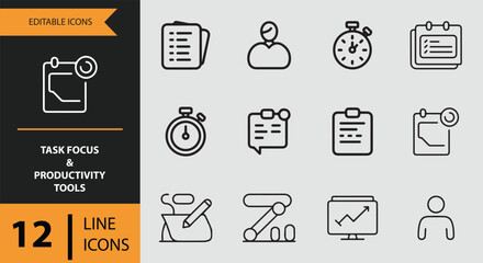 A set of 12 editable line icons representing task focus and productivity tools for business management