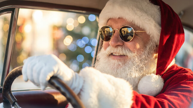 Santa driving a classic car on a sunny Christmas day with festive lights glowing outside the window