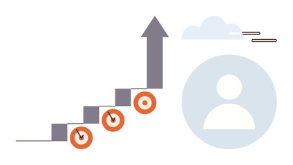 Business strategy, goal setting, personal growth, career development, achievement, productivity. Steps with targets and upward arrow, user icon and cloud. Business strategy and achievement