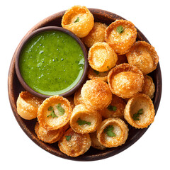 Crispy fried pani puri snacks in bowl with green sauce, Isolated on transparent background