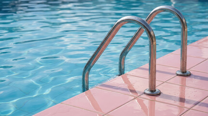 Obraz premium A sparkling pool with clear water and shiny metal handrails inviting summer leisure by the pink tiled edge.