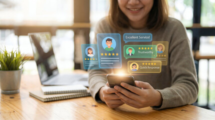 Smiling young woman reviews positive customer ratings and feedback messages on smartphone screen with stars