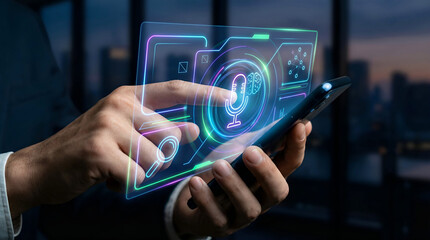 Voice search and smart technology interface on smartphone held by professional person in dark office setting