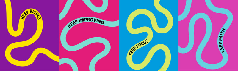 Colorful motivational poster set with abstract wavy squiggle lines and bold typography, modern dynamic flowing shapes, playful fluid curves on vibrant backgrounds for wall art and creative design