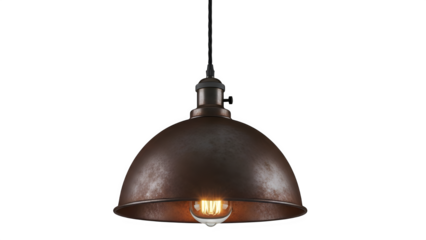Vintage copper pendant light with warm glowing bulb on black background