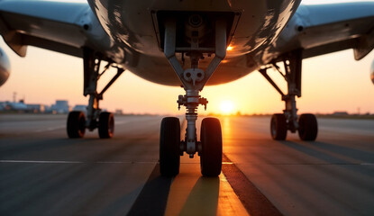 Airplane landing gear touches down on airport runway