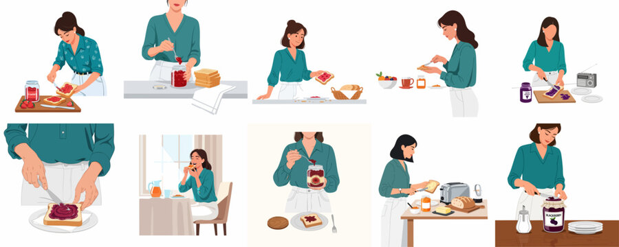 Vector illustrations of women preparing and enjoying breakfast, featuring scenes of spreading jam or jelly on toast and bread.