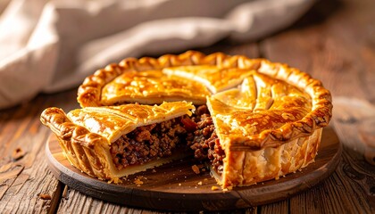Classic New Zealand meat pie sliced open, flaky golden crust, rustic wooden table, soft diffused lighting, no people, no text