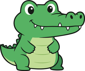 Fototapeta premium A cartoon alligator with a friendly smile is standing in a simple illustration style, viewed from the side.