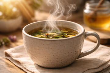 Steaming herbal tea in a rustic cup on wooden table