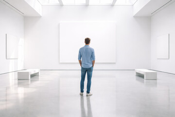 Obraz premium Man observing blank canvas in modern art gallery space