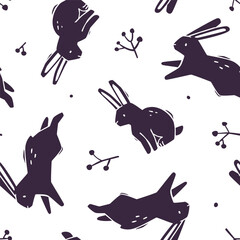 Stamp pattern with bunnies. Rabbit silhouette seamless vector print.