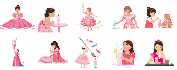 Pink Princesses and Milkshakes: A playful set of cartoon girls enjoying sweet desserts and dramatic fantasy moments in various poses. © Yola