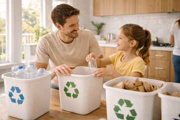 Father and daughter engaging in recycling activities at home