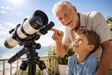 Grandfather and grandson exploring the sky through telescope together