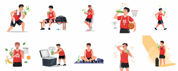 Vector illustrations of a young male basketball player drinking green energy smoothies for hydration, sports nutrition, recovery, and a healthy lifestyle.