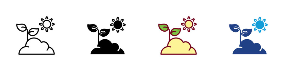 Photosynthesis Multiple Style Icon Design Vector - Plant sprout under sunlight, representing energy conversion, plant growth, and carbon absorption