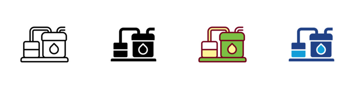 Distillation Multiple Style Icon Design Vector - Industrial tanks with piping system, representing separation process, purification, and chemical refinement
