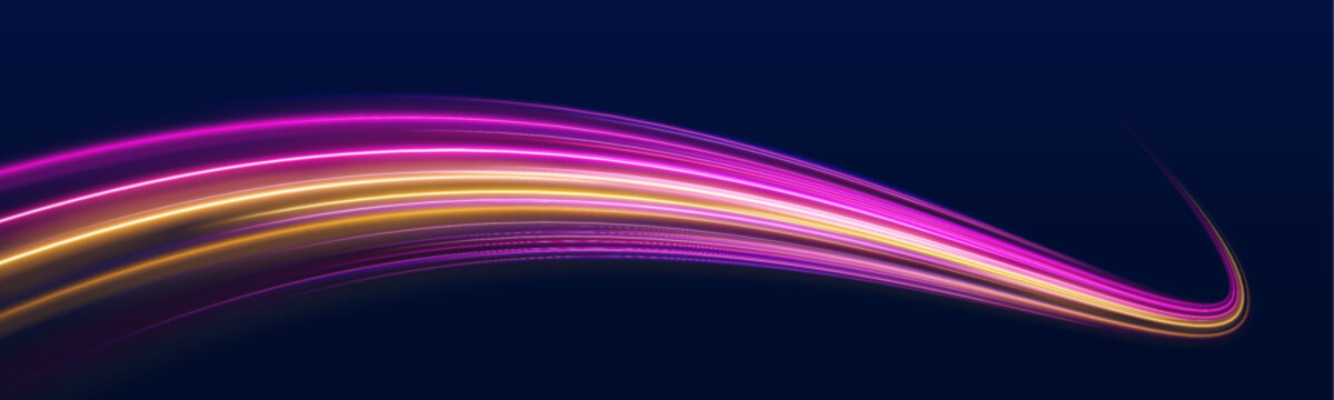 Futuristic color neon laser lines ripple along a dark city street at night. Glowing motion trails, energy waves, and swirling lines create speed and traffic dynamics. Vector illustration.