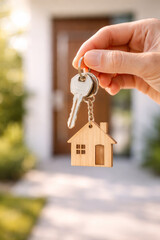Hand holding keys with wooden house keychain outside home