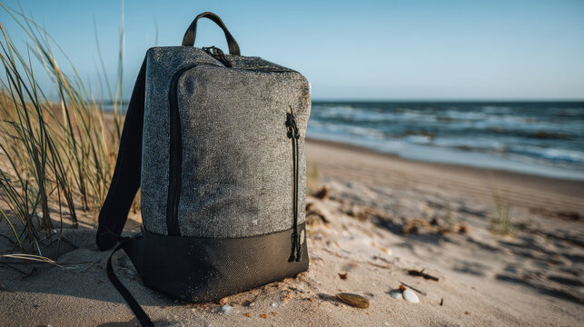 A sustainable travel backpack made from recycled ocean plastics, set against a serene beach backdrop