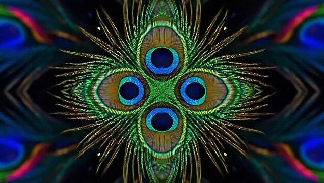Kaleidoscopic Peacock Feather Pattern Abstract Background.