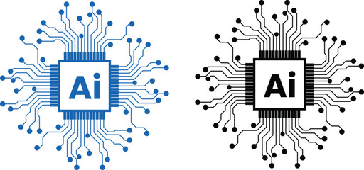 Artificial Intelligence and Circuit Icon set. AI Brain, Microchip, Digital Technology Symbols. Cognitive augmentation brain icon with human and circuit hemispheres. © MA VECTOR