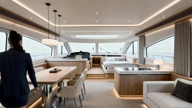 Medium shot of a minimalist yacht interior showcasing sleek lines neutral tones and streamlined furniture creating an airy sophisticated luxury space.